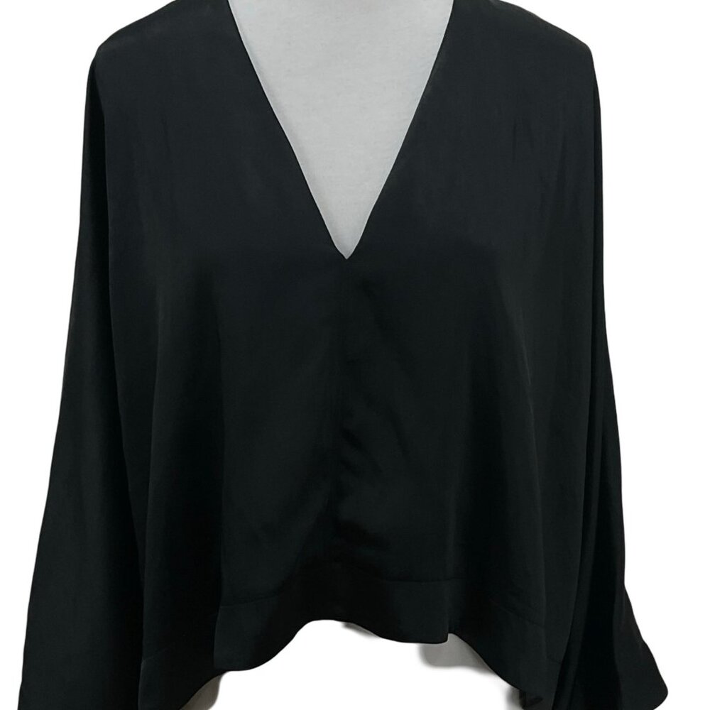 H&M Black Satin V-Neck Blouse Wide Sleeve Draped Top Size L